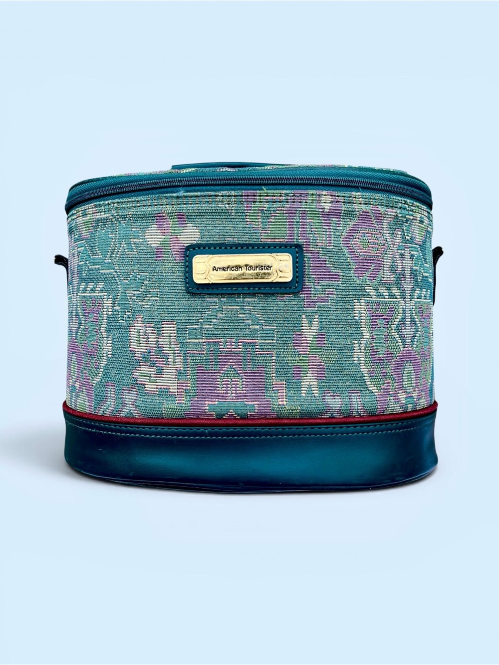 Vintage American Tourister Teal Tapestry Train Case Vanity Bag